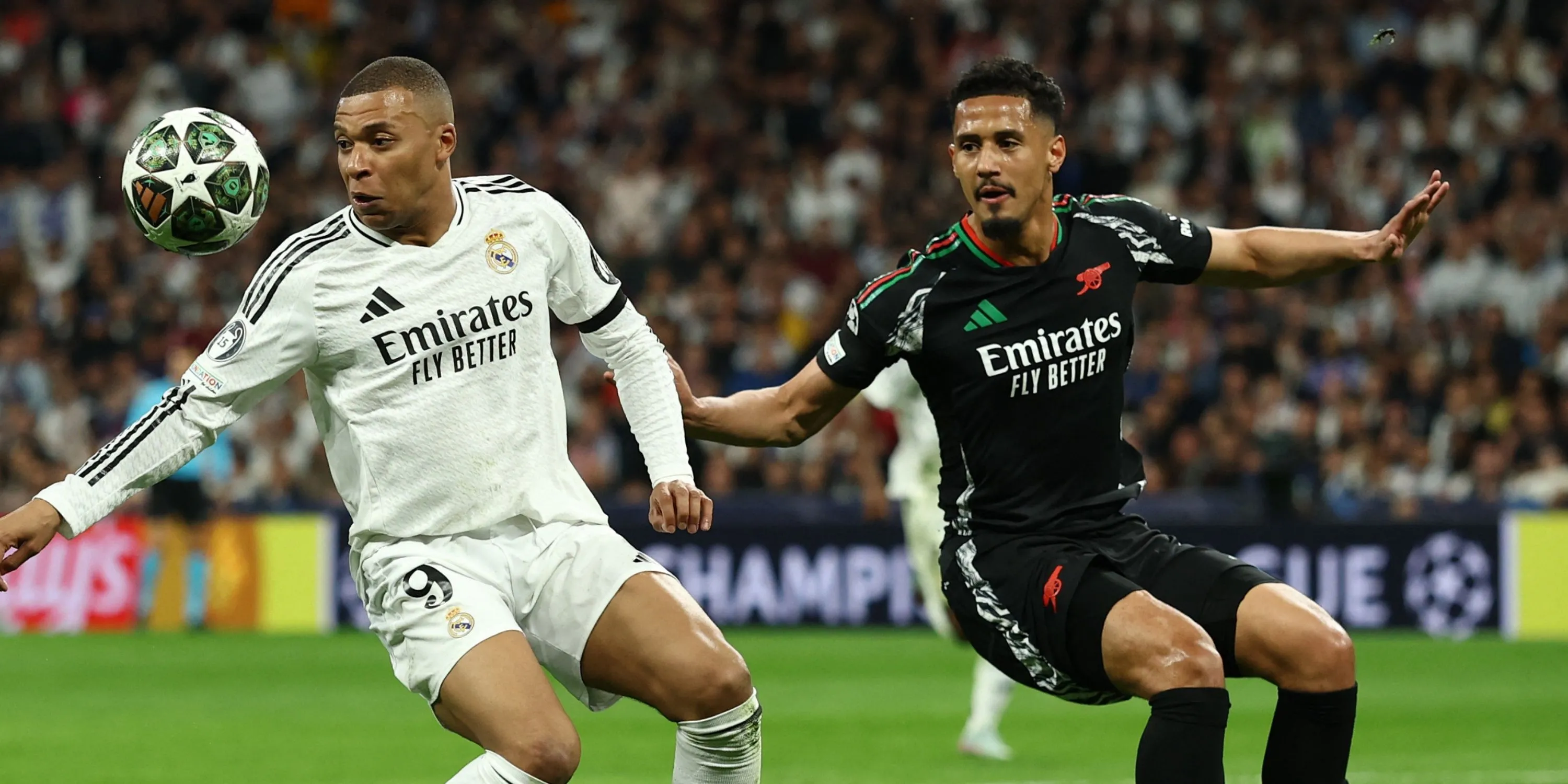 William Saliba trong màu áo Arsenal tại Champions League, mục tiêu của Real Madrid.
