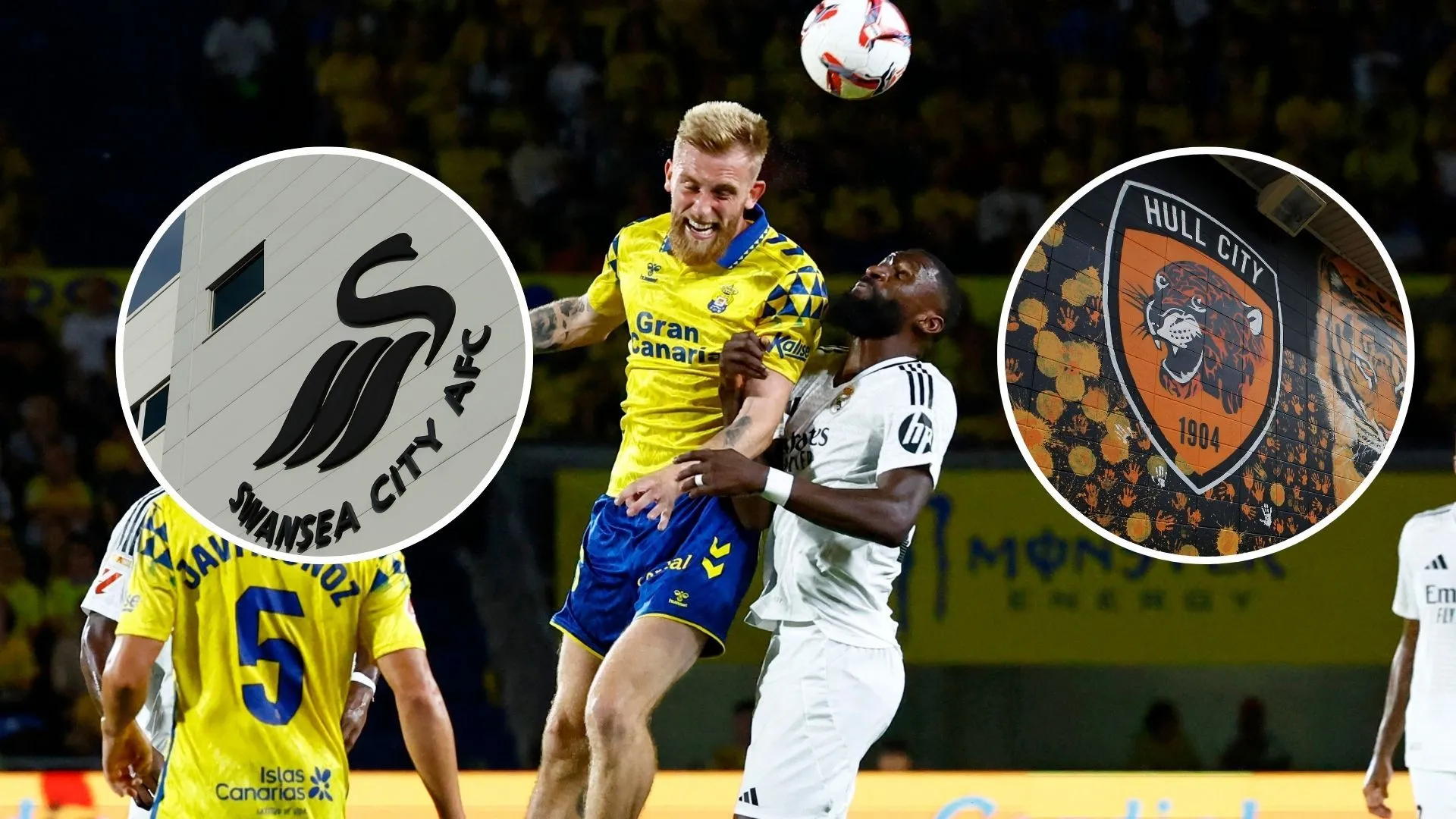 Oli McBurnie cùng logo Las Palmas, Swansea City và Hull City, các câu lạc bộ liên quan đến tin đồn chuyển nhượng