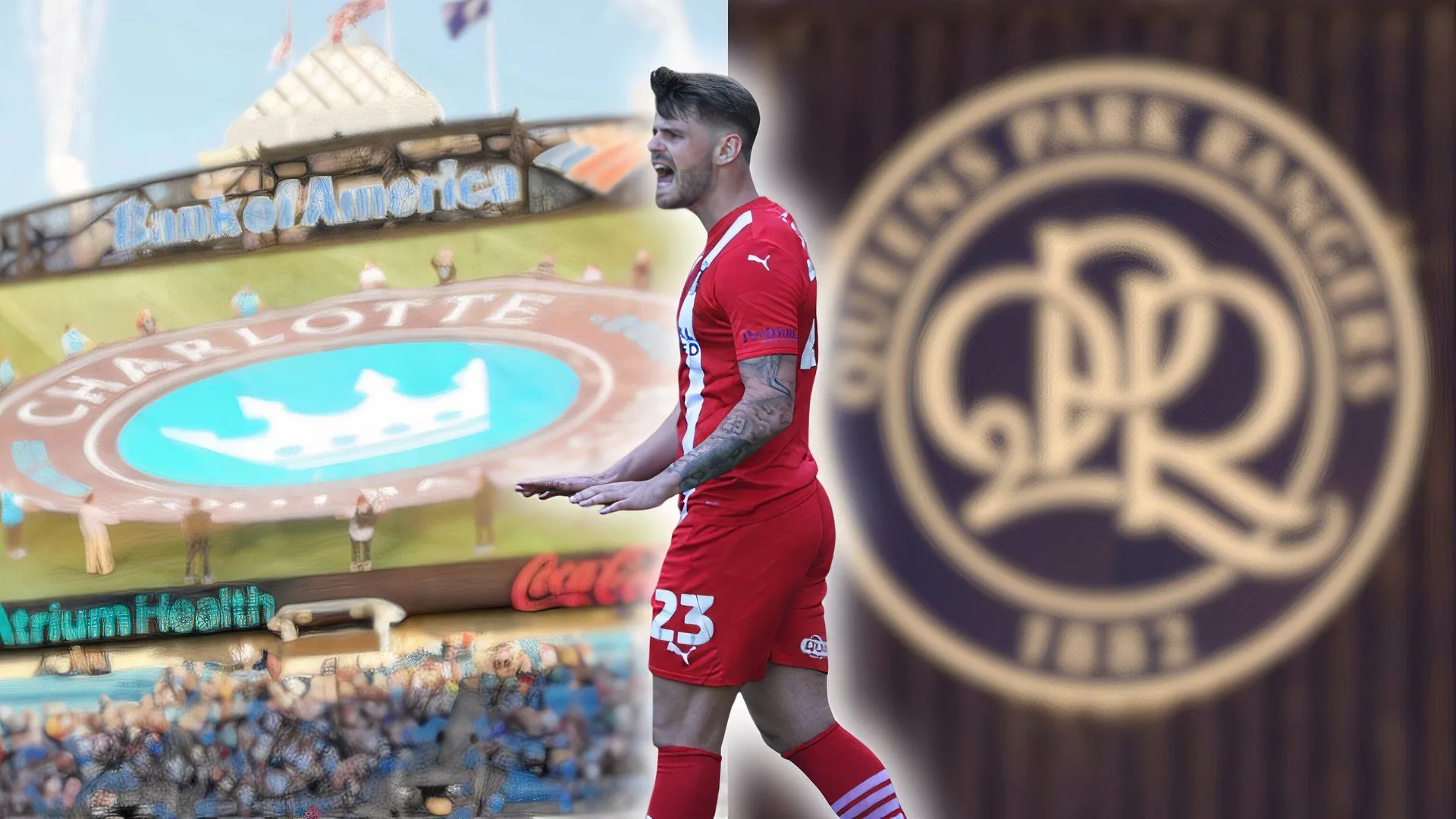 Charlie Kelman với logo của Charlotte FC và QPR, minh họa cho tin đồn chuyển nhượng tiền đạo này sang MLS.